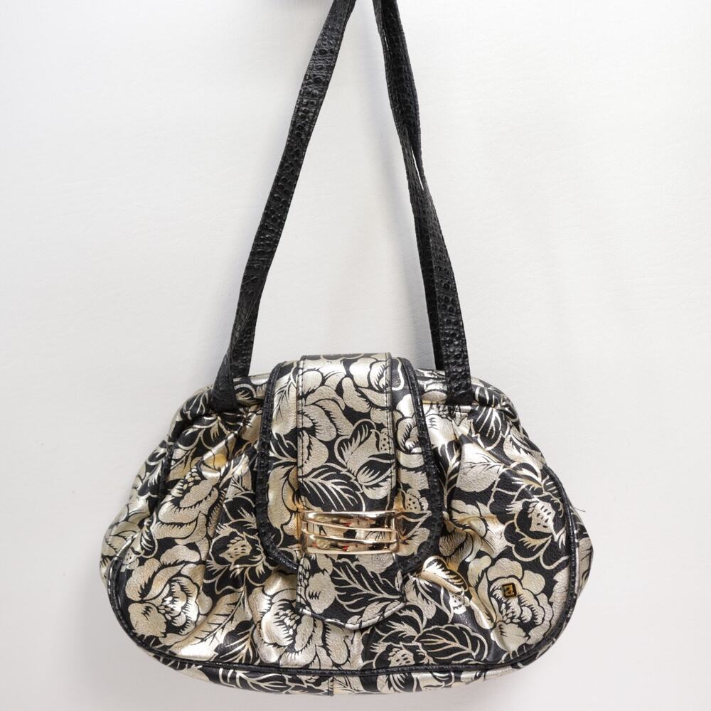 Vtg 80s Crossbody Handbag Black Gold Metallic Floral Leather Puffer Purse Bag